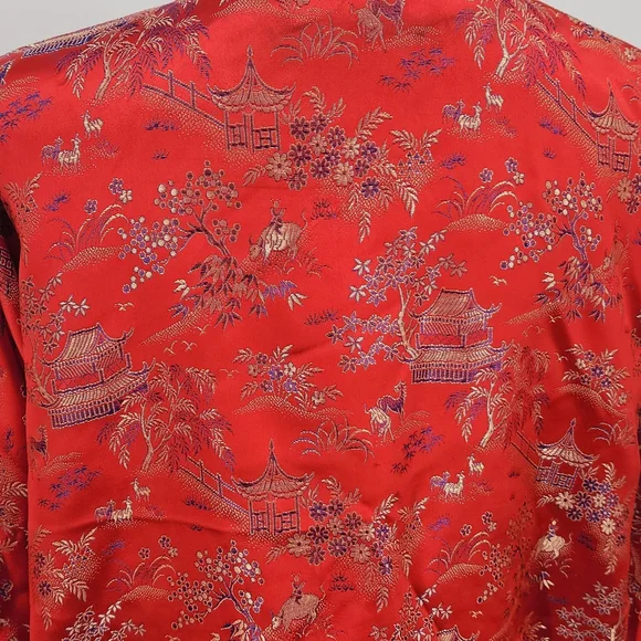 Vintage Oriental Kimono Robe L Red Black Satin Asian Print Lounge Duster Boho - Picture 5 of 9